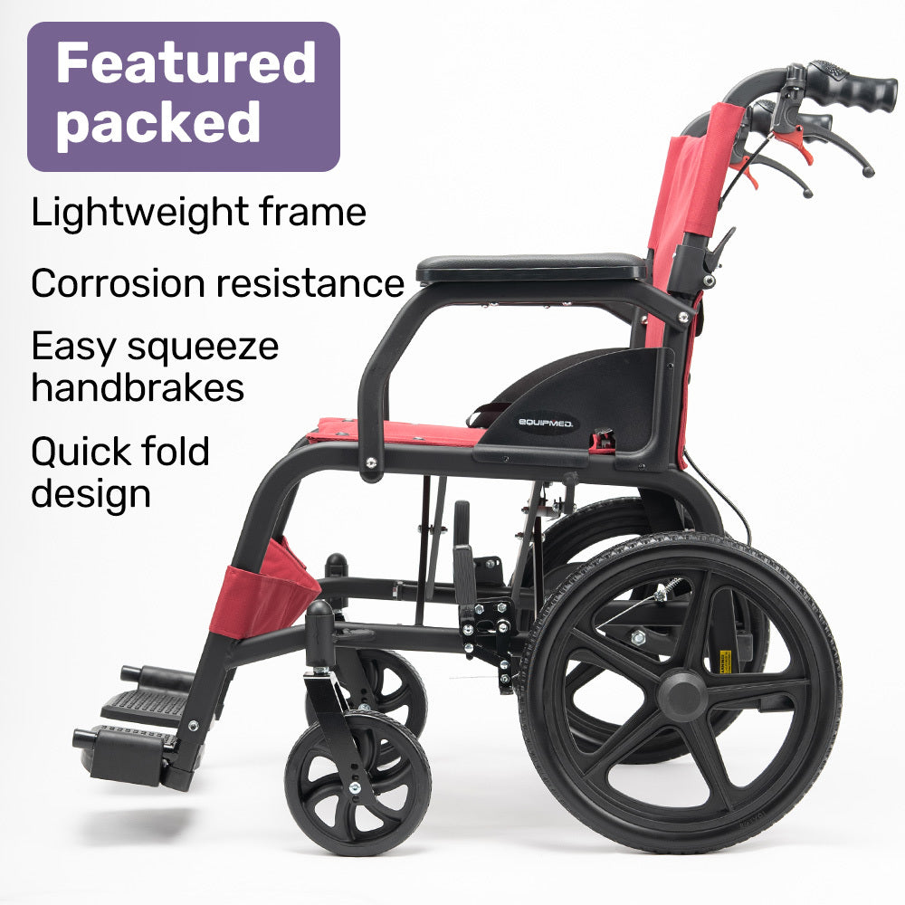 Mobility & Accessibility: Equipmed Folding Transit Wheelchair, Lightweight Aluminium for Easy Transport, Crimson Red