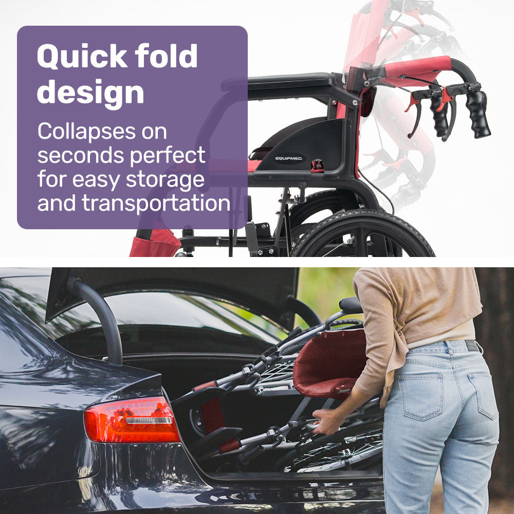 Mobility & Accessibility: Equipmed Folding Transit Wheelchair, Lightweight Aluminium for Easy Transport, Crimson Red