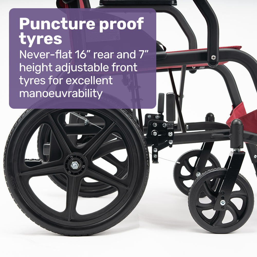 Mobility & Accessibility: Equipmed Folding Transit Wheelchair, Lightweight Aluminium for Easy Transport, Crimson Red