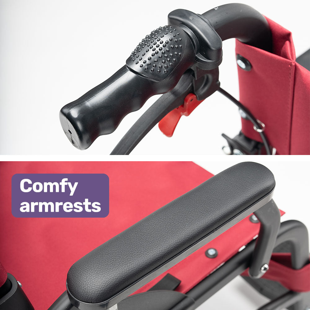 Mobility & Accessibility: Equipmed Folding Transit Wheelchair, Lightweight Aluminium for Easy Transport, Crimson Red