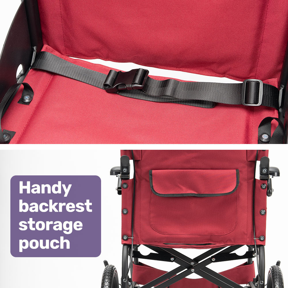 Mobility & Accessibility: Equipmed Folding Transit Wheelchair, Lightweight Aluminium for Easy Transport, Crimson Red