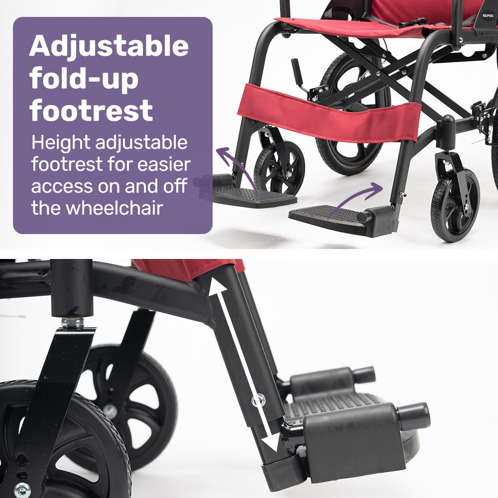 Mobility & Accessibility: Equipmed Folding Transit Wheelchair, Lightweight Aluminium for Easy Transport, Crimson Red