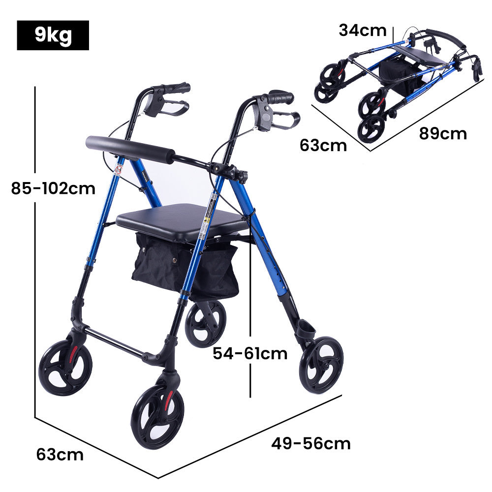 Mobility & Accessibility: EQUIPMED 4 Wheel Lightweight Rollator Walker, Aluminium Frame, Seat, Carry Bag, for Seniors, Blue