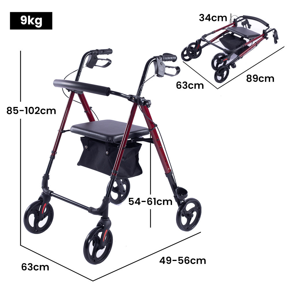 Mobility & Accessibility: EQUIPMED 4 Wheel Lightweight Rollator Walker, Aluminium Frame, Seat, Carry Bag, for Seniors, Red