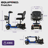 Mobility & Accessibility: EQUIPMED FreeLite+ Mid-Sized Electric Foldable Mobility Scooter, Lithium Battery, Long Range and Easy Charging, Blue