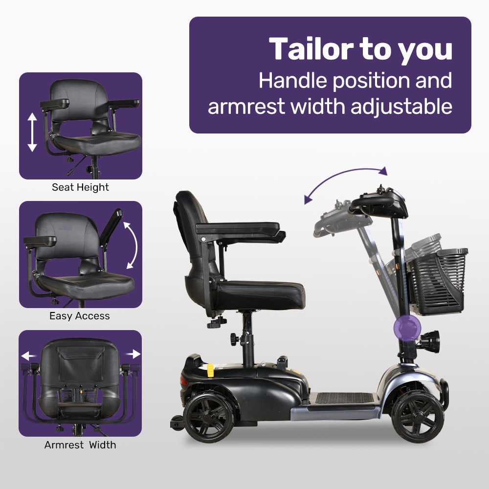 Mobility & Accessibility: EQUIPMED FreeLite+ Mid-Sized Foldable Electric Mobility Scooter, Lithium Battery, Long Range and Easy Charging, Grey