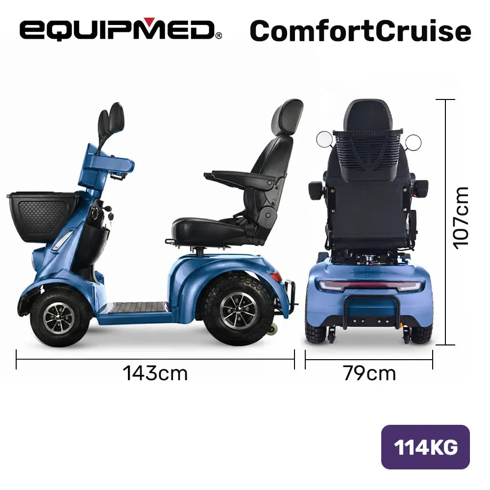 EQUIPMED ComfortCruise Large Mobility Scooter, 15km/h Top Speed, Up to 45km Range, Strong Climbing, 180kg Capacity, Blue