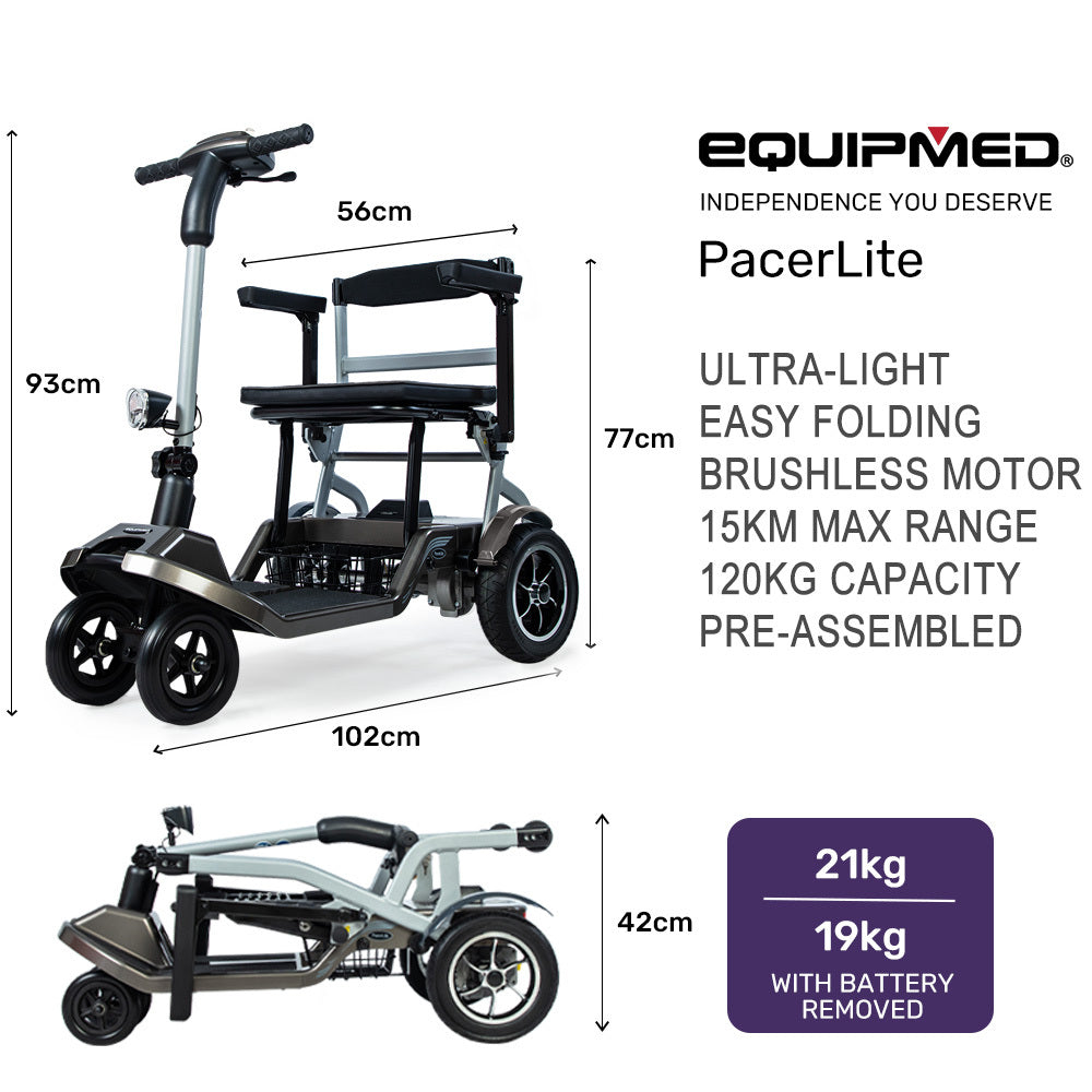 Mobility & Accessibility: EQUIPMED Ultra-Lightweight Folding Electric Mobility Scooter, 19kg with Battery Removed, 120kg Capacity, Long Range, Brushless Motor, Portable