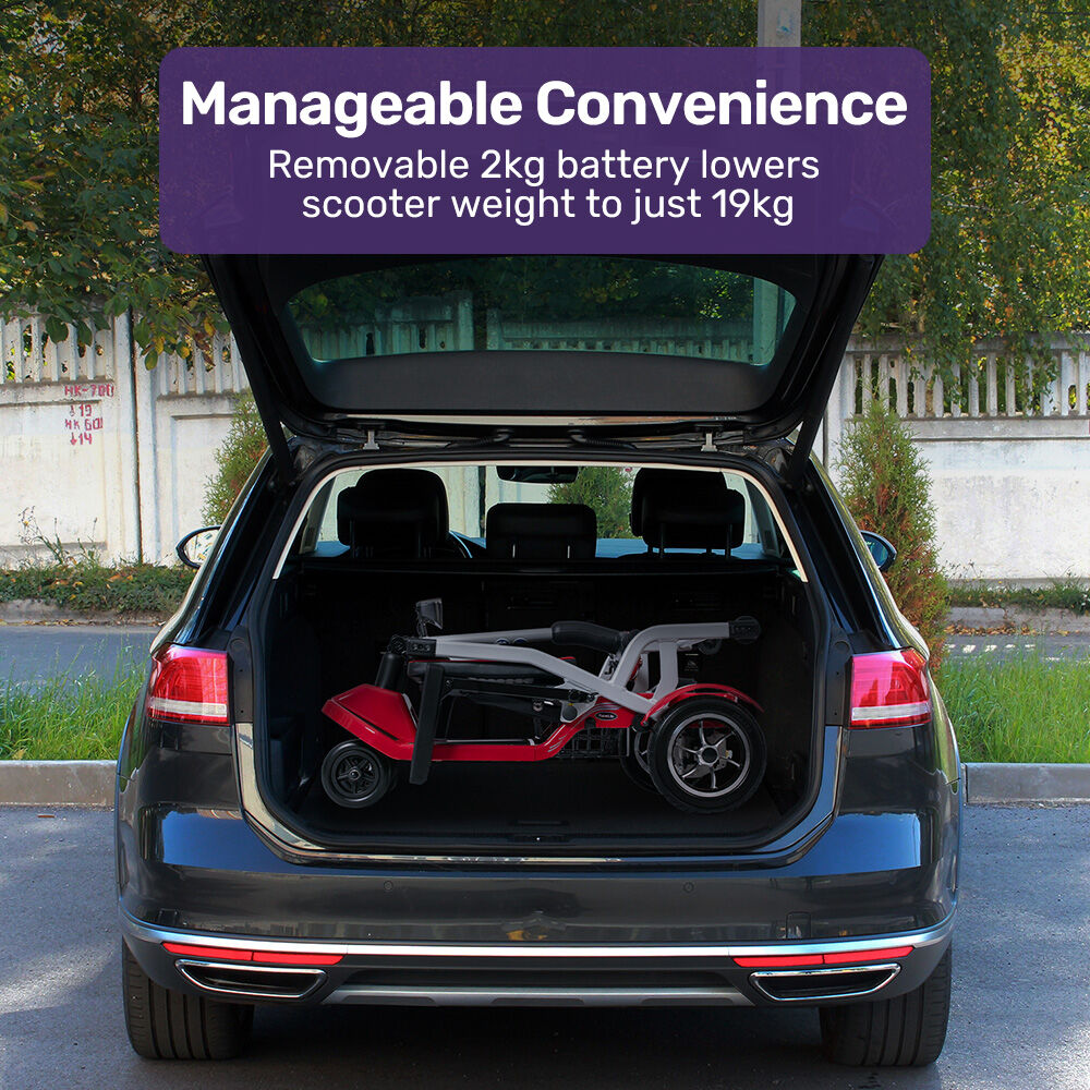 Mobility & Accessibility: EQUIPMED Ultra-Lightweight Folding Electric Mobility Scooter, 19kg with Battery Removed, 120kg Capacity, Long Range, Brushless Motor, Portable, Red