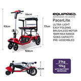 Mobility & Accessibility: EQUIPMED Ultra-Lightweight Folding Electric Mobility Scooter, 19kg with Battery Removed, 120kg Capacity, Long Range, Brushless Motor, Portable, Red