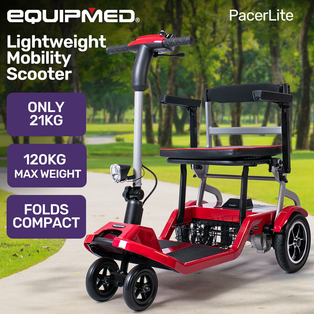 Mobility & Accessibility: EQUIPMED Ultra-Lightweight Folding Electric Mobility Scooter, 19kg with Battery Removed, 120kg Capacity, Long Range, Brushless Motor, Portable, Red