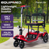 Mobility & Accessibility: EQUIPMED Ultra-Lightweight Folding Electric Mobility Scooter, 19kg with Battery Removed, 120kg Capacity, Long Range, Brushless Motor, Portable, Red