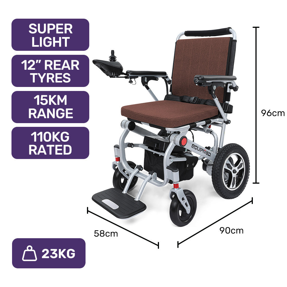 Mobility & Accessibility: EQUIPMED Ultra-Light Power Wheelchair, Tight Turning, Airline Approved, ARTG Certified, Aluminium Frame, Lithium Battery, Brown