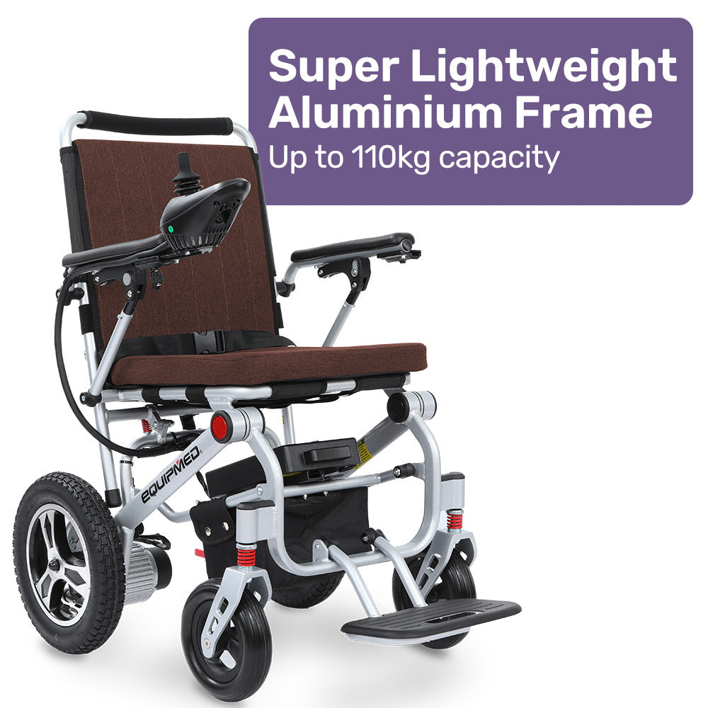 Mobility & Accessibility: EQUIPMED Ultra-Light Power Wheelchair, Tight Turning, Airline Approved, ARTG Certified, Aluminium Frame, Lithium Battery, Brown