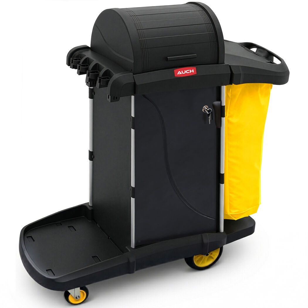 AUCH Double Bag Janitor Cleaning Trolley, Housekeeping Cart, Lockable Cabinet with Storage Tubs, Quiet Wheels, Black