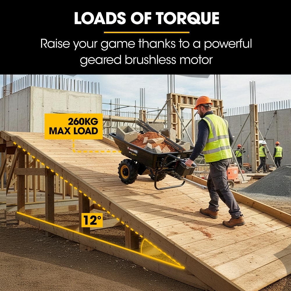BAUMR-AG 40V Li-ion Powered 300KG / 300L Wheelbarrow, ATV Tow Bar, Deep V-tread Tyre, 2 Wheel Direct Drive