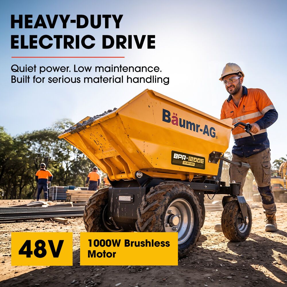 BAUMR-AG 48V Battery Powered Wheelbarrow, 200L Bucket, 1000W Brushless Electric Motor, 280kg Capacity, 8hr Max Runtime