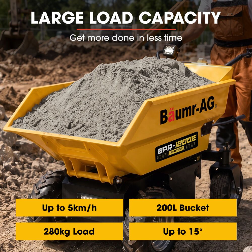 BAUMR-AG 48V Battery Powered Wheelbarrow, 200L Bucket, 1000W Brushless Electric Motor, 280kg Capacity, 8hr Max Runtime