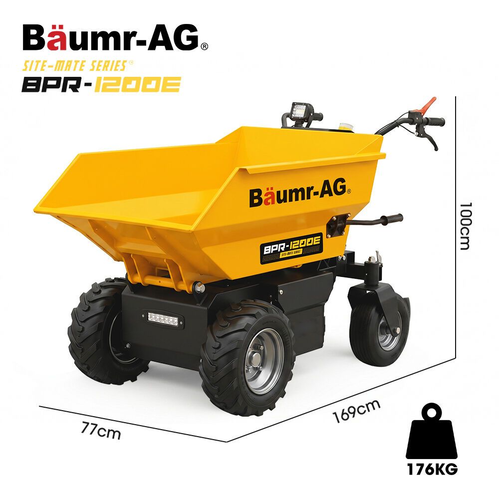 BAUMR-AG 48V Battery Powered Wheelbarrow, 200L Bucket, 1000W Brushless Electric Motor, 280kg Capacity, 8hr Max Runtime