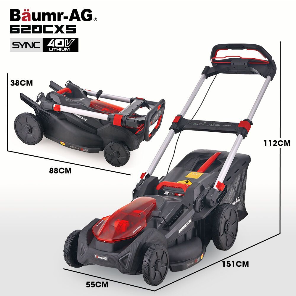 BAUMR-AG 620CXS 40V SYNC 21" Self-Propelled Cordless Lawn Mower Kit, VertiStore, Fast Charger, 2 x 4Ah Batteries, 8 Heights, Brushless, 510mm Cut Width
