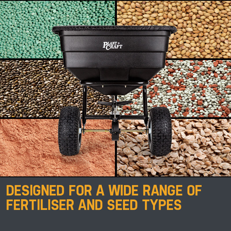 Spreaders & Wheelbarrows: PLANTCRAFT Tow Behind Broadcast Spreader 90kg 105L Seed Fertiliser Tow Rotary