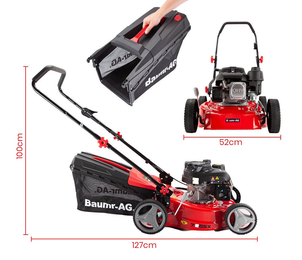 Outdoor Power Equipment: Baumr-AG Lawn Mower 139CC 17 Petrol Push Lawnmower 4-Stroke Engine Catch