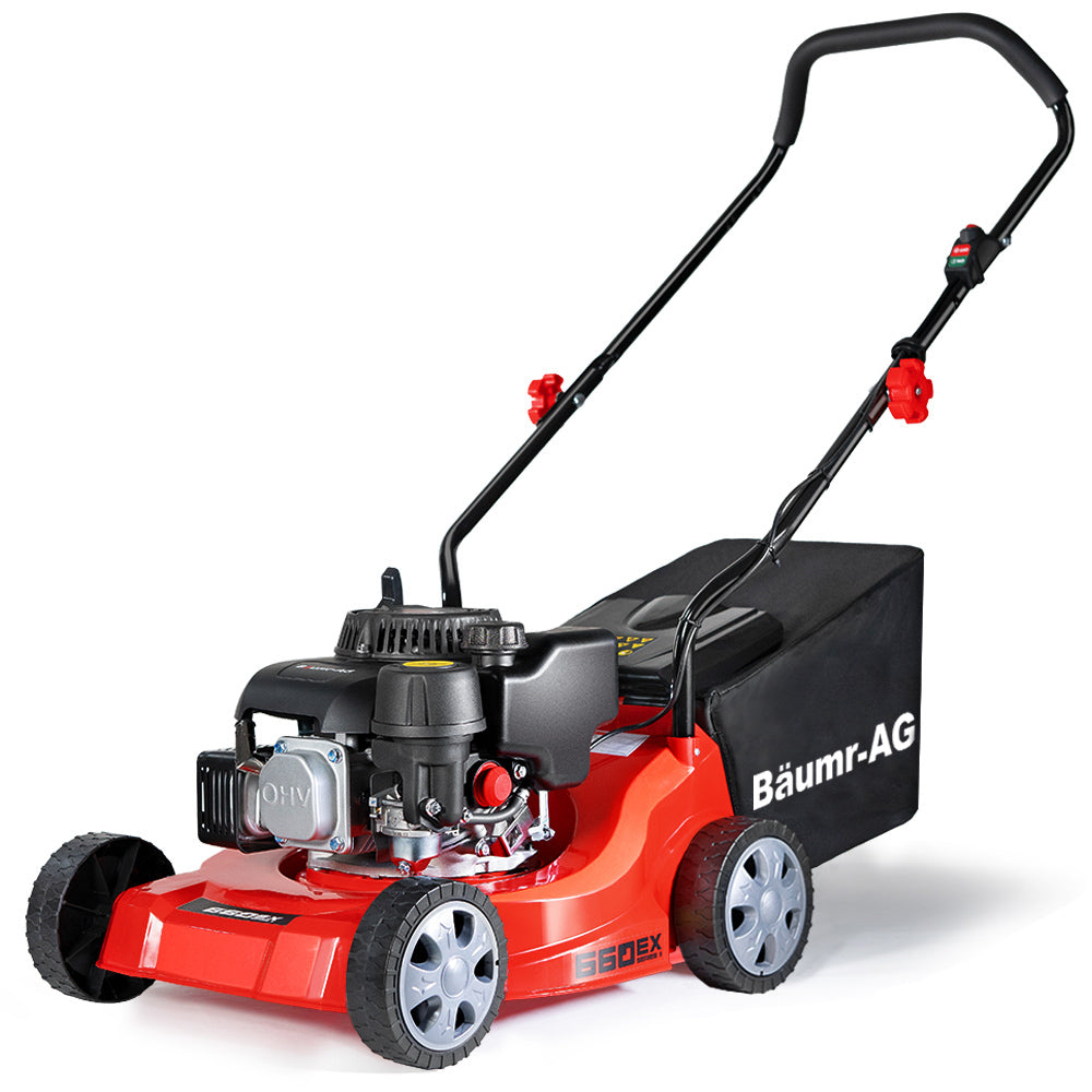 Outdoor Power Equipment: Baumr-AG 139cc Lawn Mower 4-Stroke 16 Inch Petrol Lawnmower Hand Push Engine 35L Catcher