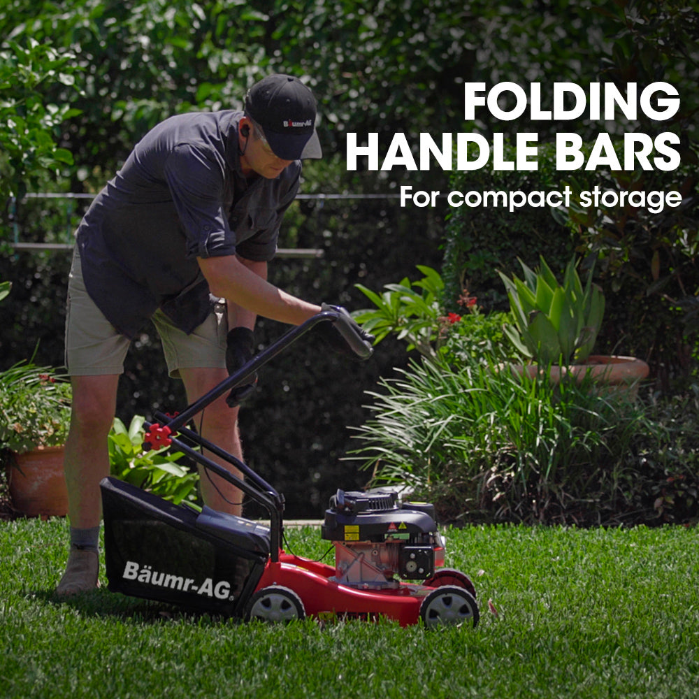 Outdoor Power Equipment: Baumr-AG 139cc Lawn Mower 4-Stroke 16 Inch Petrol Lawnmower Hand Push Engine 35L Catcher
