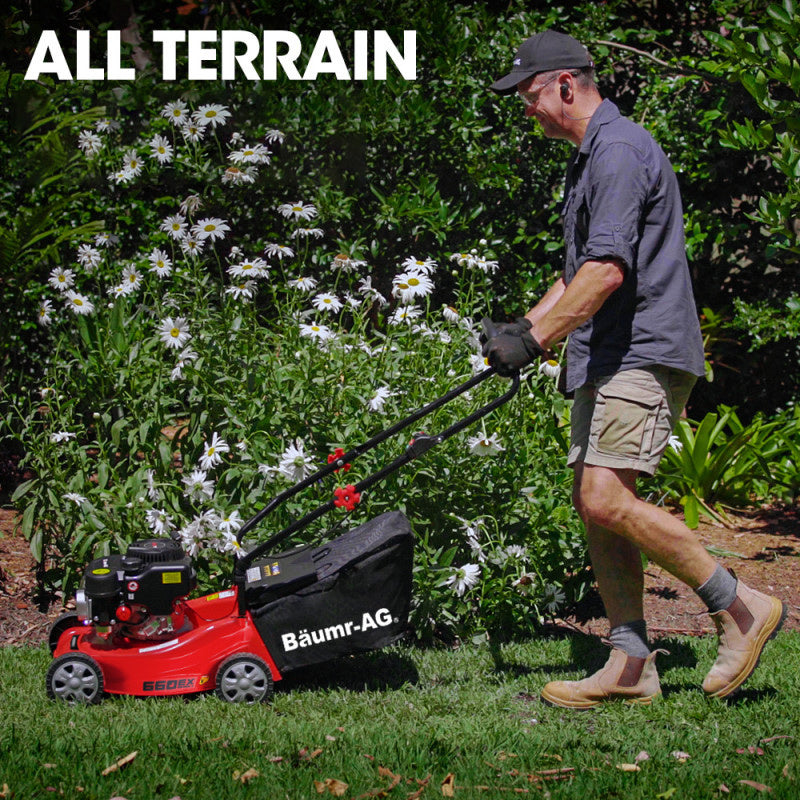 Outdoor Power Equipment: Baumr-AG 139cc Lawn Mower 4-Stroke 16 Inch Petrol Lawnmower Hand Push Engine 35L Catcher