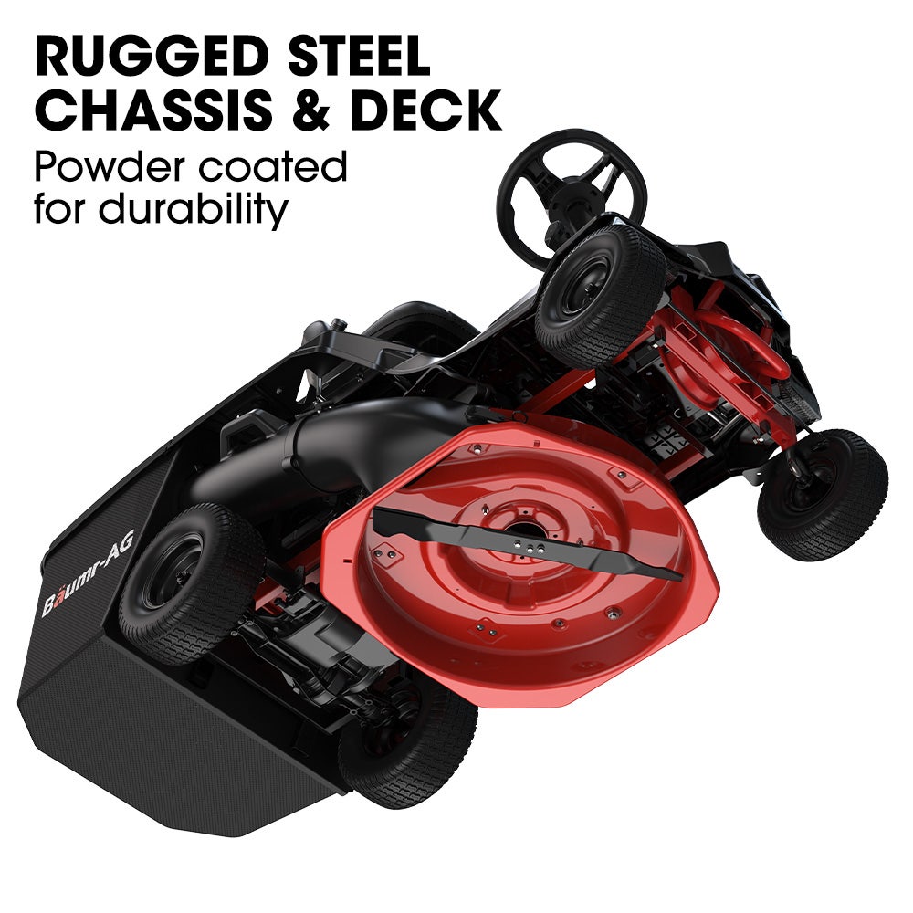 BAUMR-AG 24" Ride On Lawn Mower, Lithium Electric Start System, 6HP 224cc, 5 Cut Heights, Catcher and Mulch Kit