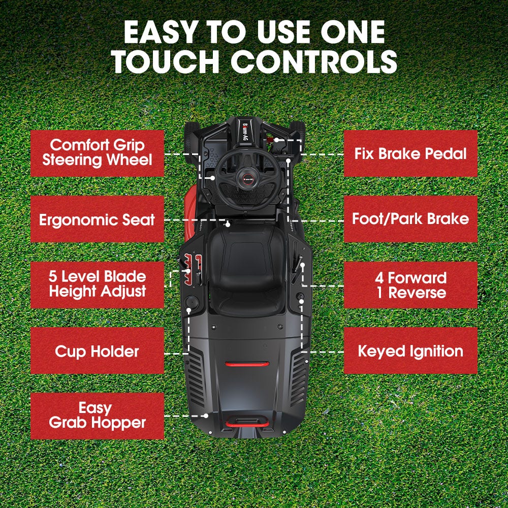 BAUMR-AG 24" Ride On Lawn Mower, Lithium Electric Start System, 6HP 224cc, 5 Cut Heights, Catcher and Mulch Kit