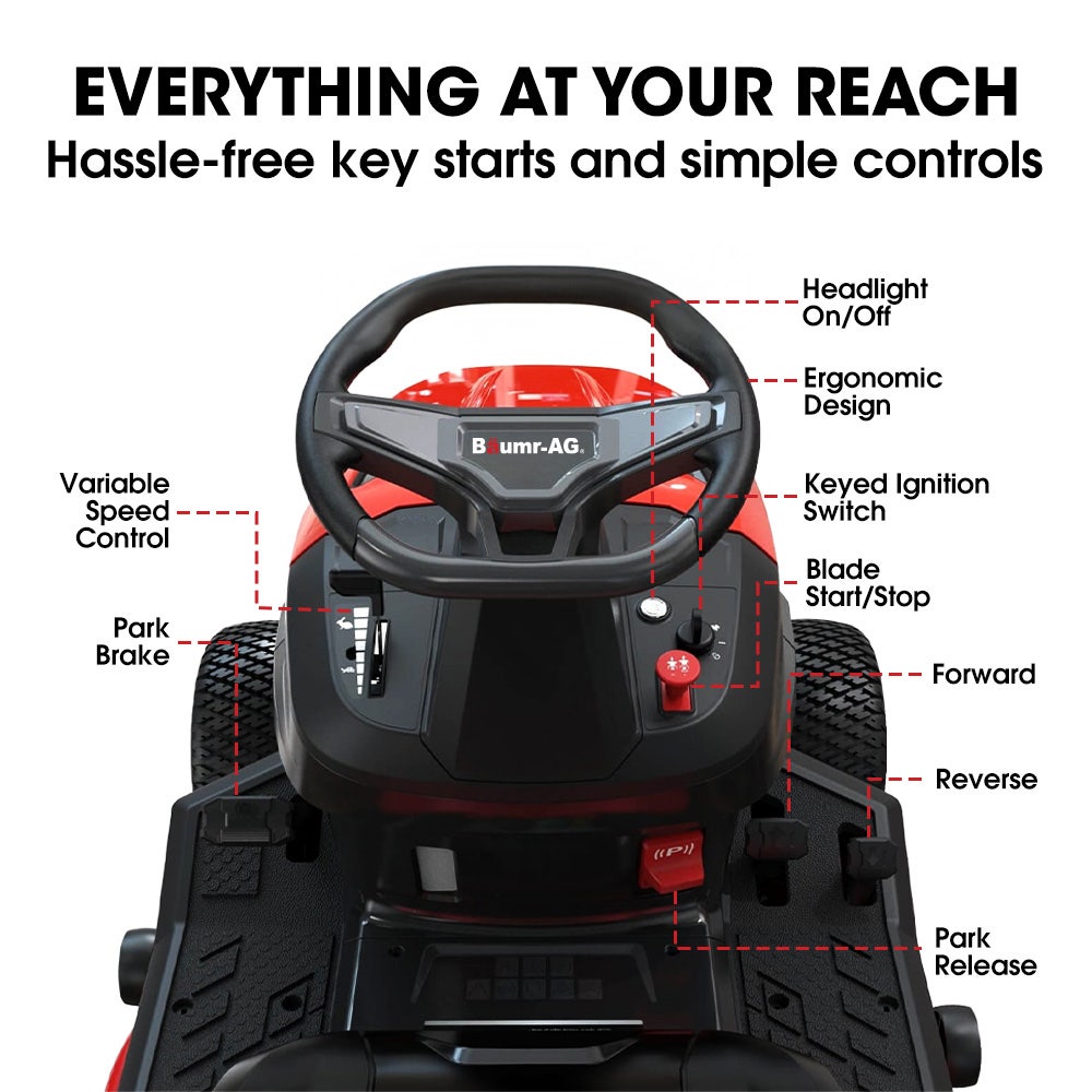 Outdoor Power Equipment: BAUMR-AG 38" Ride On Mower Tractor, Electric Start, 14hp 452cc, Hydrostatic, 100kg Towing, 7 Cut Heights