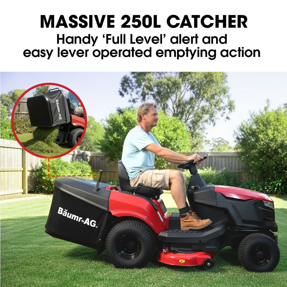 Outdoor Power Equipment: BAUMR-AG 38" Ride On Mower Tractor, Electric Start, 14hp 452cc, Hydrostatic, 100kg Towing, 7 Cut Heights