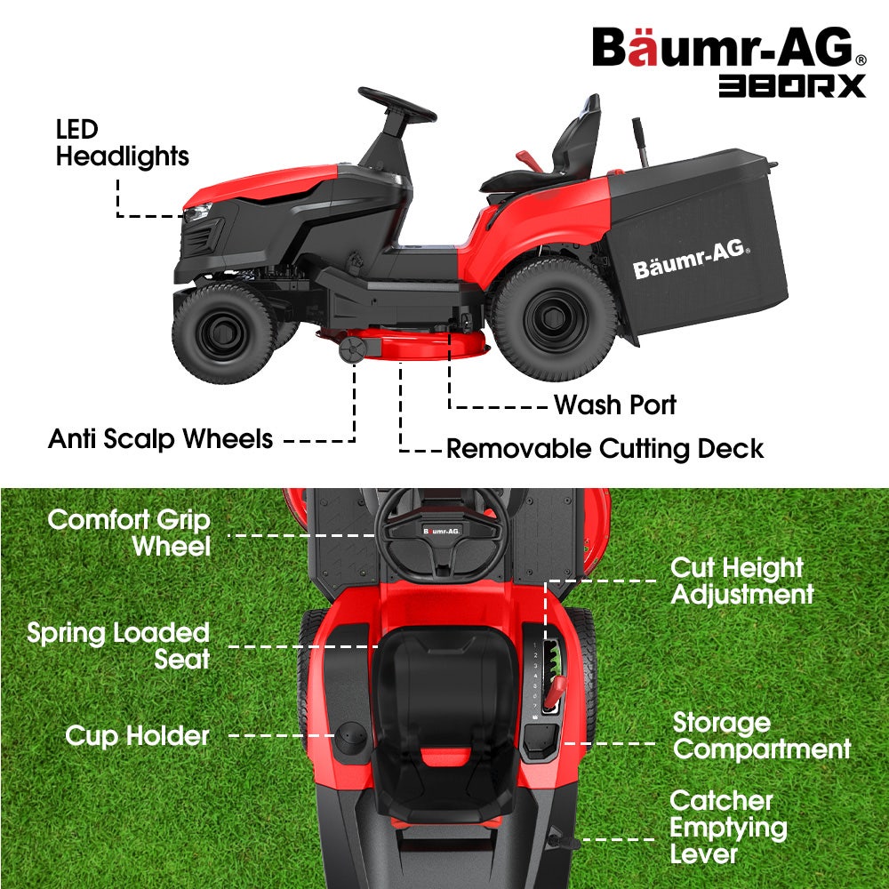 Outdoor Power Equipment: BAUMR-AG 38" Ride On Mower Tractor, Electric Start, 14hp 452cc, Hydrostatic, 100kg Towing, 7 Cut Heights