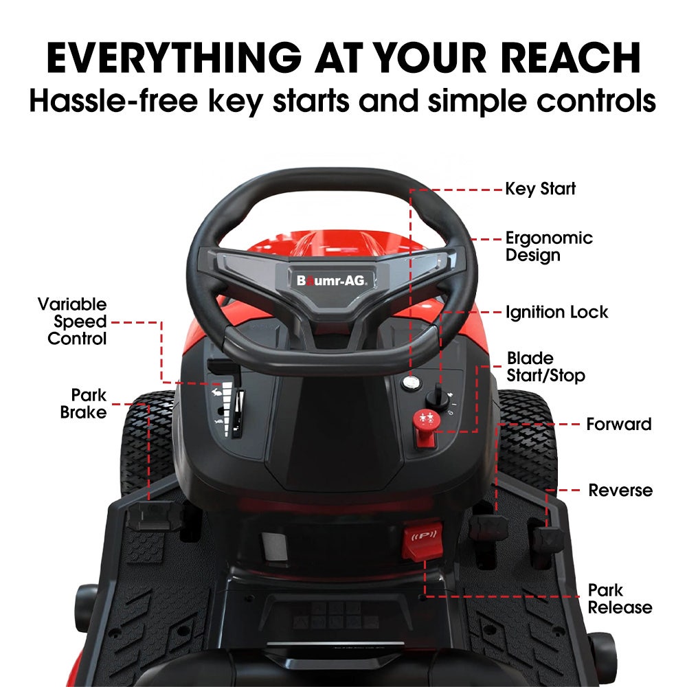Outdoor Power Equipment: BAUMR-AG 38" Ride On Mower Lawn Tractor, Side Discharge or Mulch, Electric Start, 14hp 452cc, Hydrostatic, 100kg Towing, 7 Cut Heights