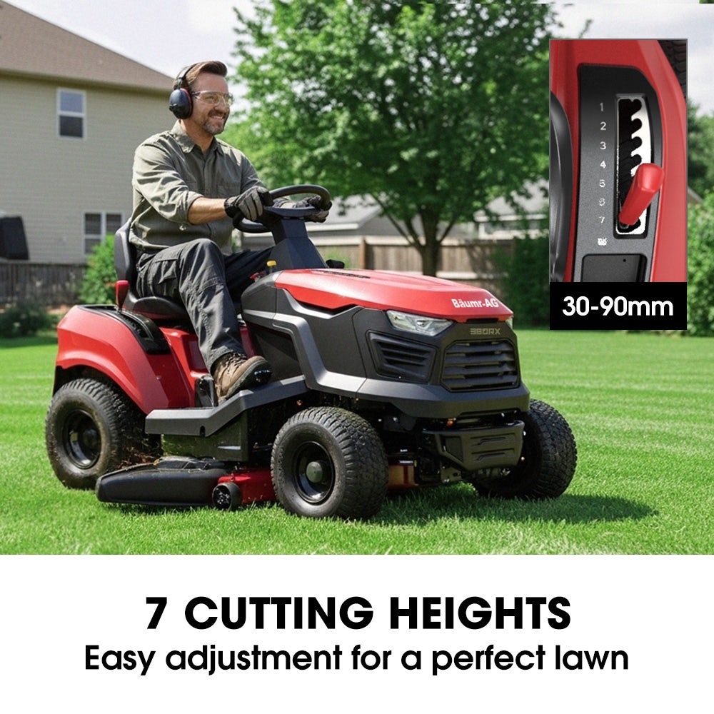 Outdoor Power Equipment: BAUMR-AG 38" Ride On Mower Lawn Tractor, Side Discharge or Mulch, Electric Start, 14hp 452cc, Hydrostatic, 100kg Towing, 7 Cut Heights