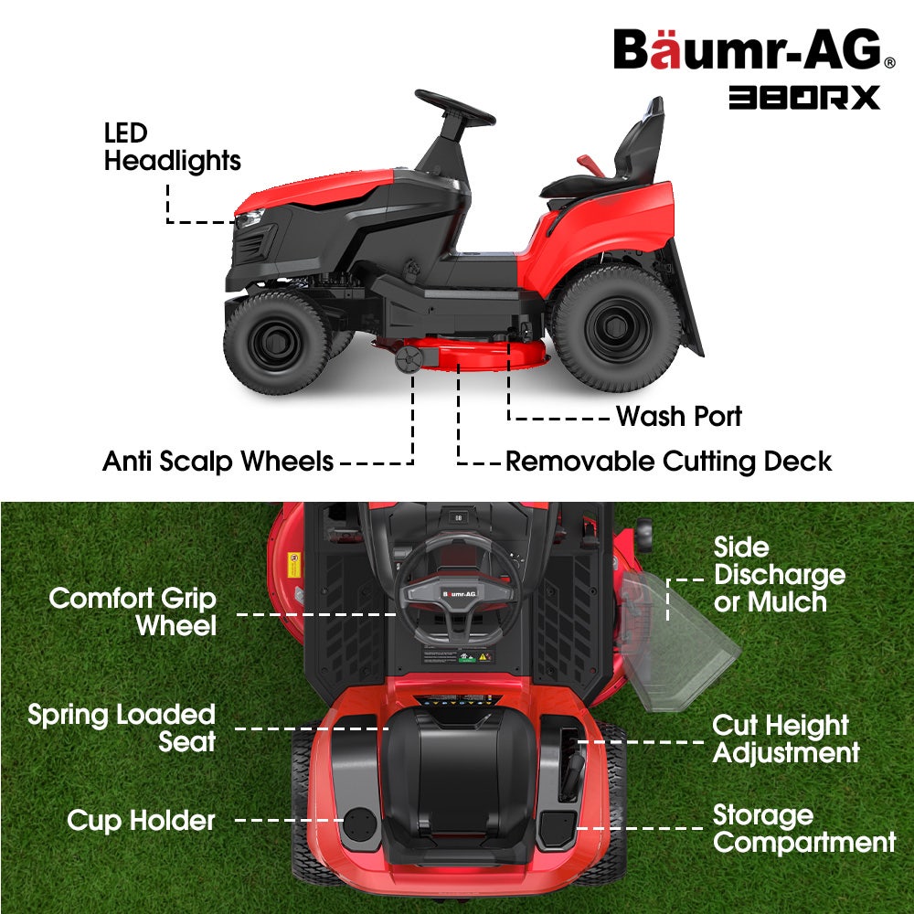 Outdoor Power Equipment: BAUMR-AG 38" Ride On Mower Lawn Tractor, Side Discharge or Mulch, Electric Start, 14hp 452cc, Hydrostatic, 100kg Towing, 7 Cut Heights
