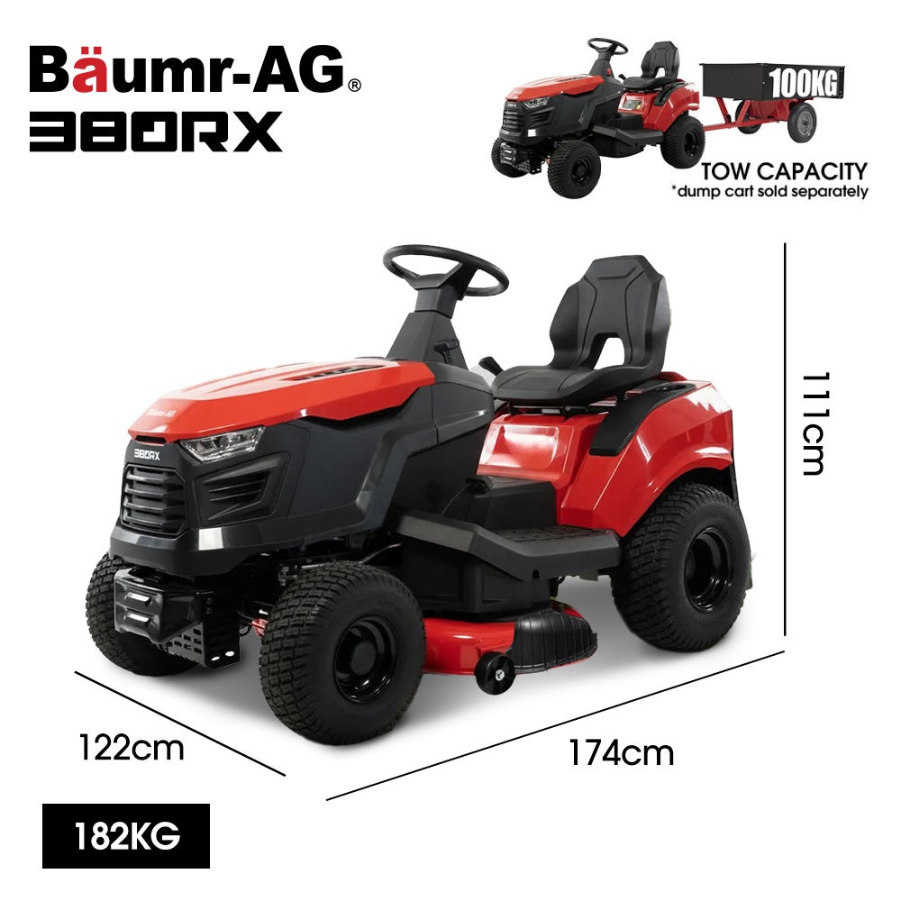Outdoor Power Equipment: BAUMR-AG 38" Ride On Mower Lawn Tractor, Side Discharge or Mulch, Electric Start, 14hp 452cc, Hydrostatic, 100kg Towing, 7 Cut Heights