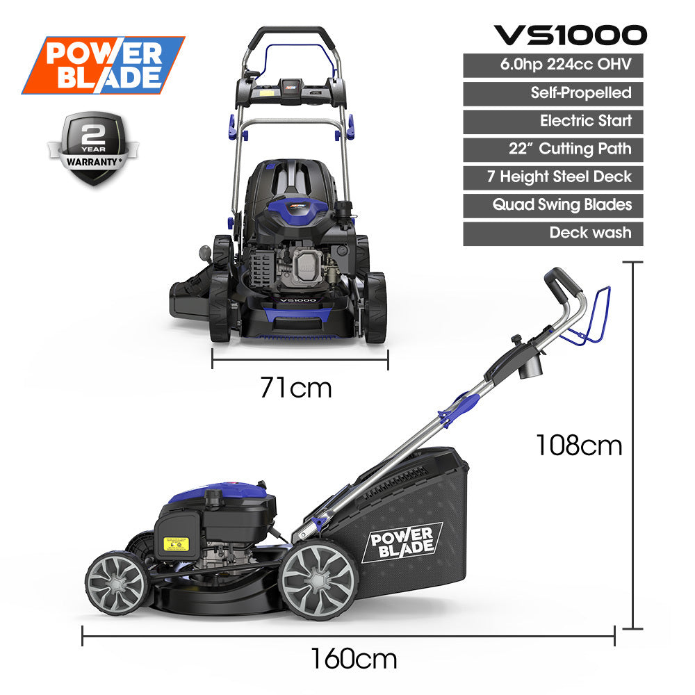 Outdoor Power Equipment: PowerBlade 22" 224cc Self-Propelled Lawn Mower, Electric Start, 7 Height, Steel Deck, Deck Wash Port, OHV 4-Stroke Petrol - VS1000