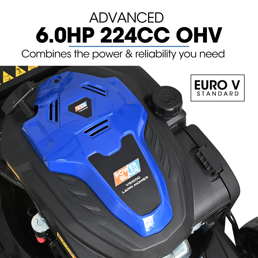 Outdoor Power Equipment: PowerBlade 22" 224cc Self-Propelled Lawn Mower, Electric Start, 7 Height, Steel Deck, Deck Wash Port, OHV 4-Stroke Petrol - VS1000