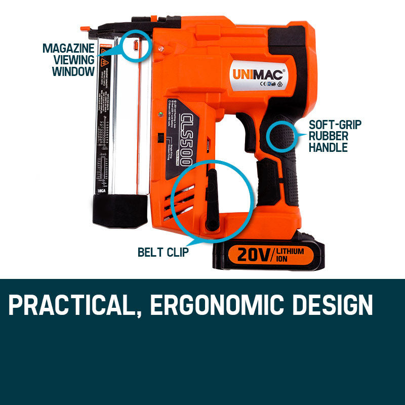 Nailers & Staplers: UNIMAC CLS500 15-50mm 18ga 2-in-1 Stapler/Brad Nail Gun, Cordless 20V Lithium Nailer