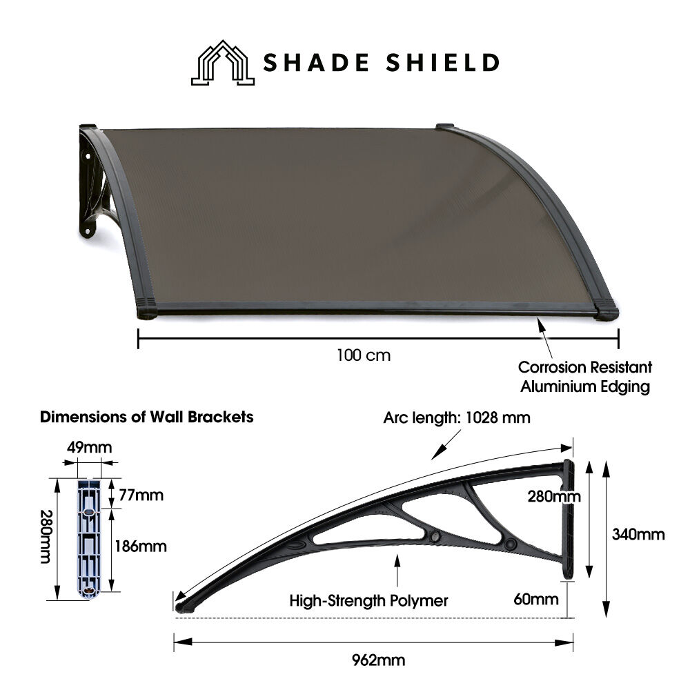 Awnings: SHADE SHIELD 1x1m Aluminium Exterior Awning, Black DIY External UV Rain Protection Grey Tinted Polycarbonate Canopy Cover