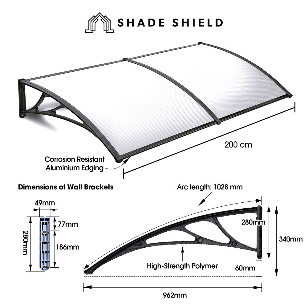Awnings: SHADE SHIELD 2x1m Aluminium Exterior Awning, Black DIY External UV Rain Protection Clear Polycarbonate Canopy Cover