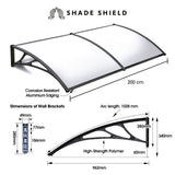 Awnings: SHADE SHIELD 2x1m Aluminium Exterior Awning, Black DIY External UV Rain Protection Clear Polycarbonate Canopy Cover