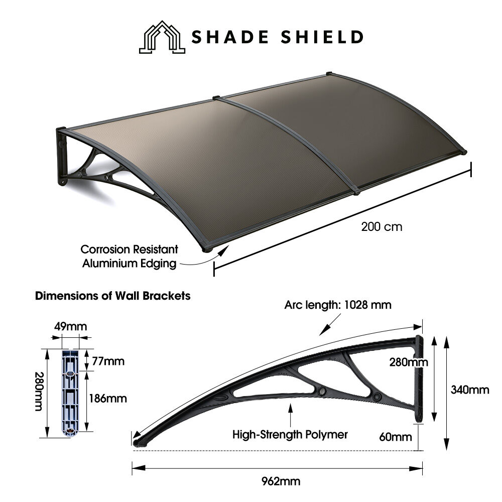 Awnings: SHADE SHIELD 2x1m Aluminium Exterior Awning, Black DIY External UV Rain Protection Grey Tinted Polycarbonate Canopy Cover