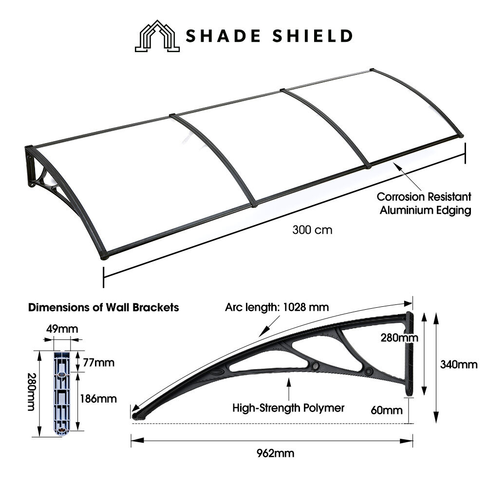 Awnings: SHADE SHIELD 3x1m Aluminium Exterior Awning, Black DIY External UV Rain Protection Clear Polycarbonate Canopy Cover