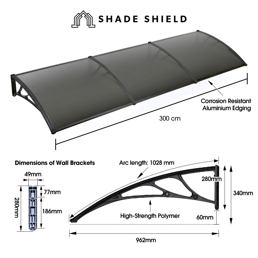 Awnings: SHADE SHIELD 3x1m Aluminium Exterior Awning, Black DIY External UV Rain Protection Grey Tinted Polycarbonate Canopy Cover
