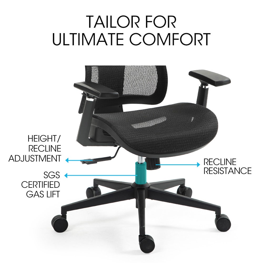 Office & Desk Chairs: Fortia Ergonomic Office Desk Chair, Coolmesh Fabric, Adjustable Lumbar Support, Headrest, Armrest and Recline, Black Mesh/Black Frame