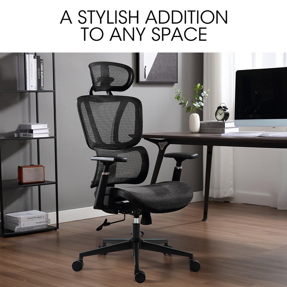Office & Desk Chairs: Fortia Ergonomic Office Desk Chair, Coolmesh Fabric, Adjustable Lumbar Support, Headrest, Armrest and Recline, Black Mesh/Black Frame