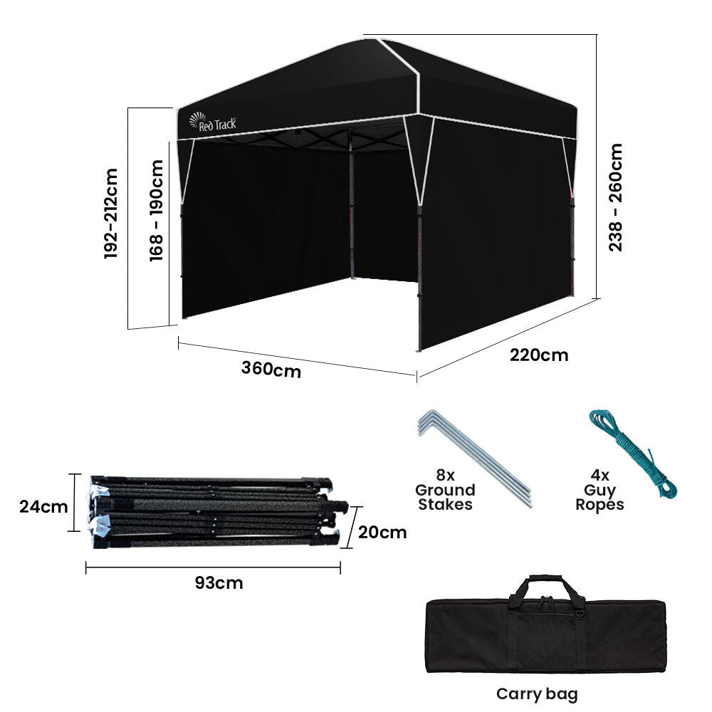 Canopies & Gazebos: RED TRACK 3.6x2.2m Ultra Compact Folding Gazebo, Walls, Carry bag, Portable Outdoor Popup Marquee for Camping Beach, Black